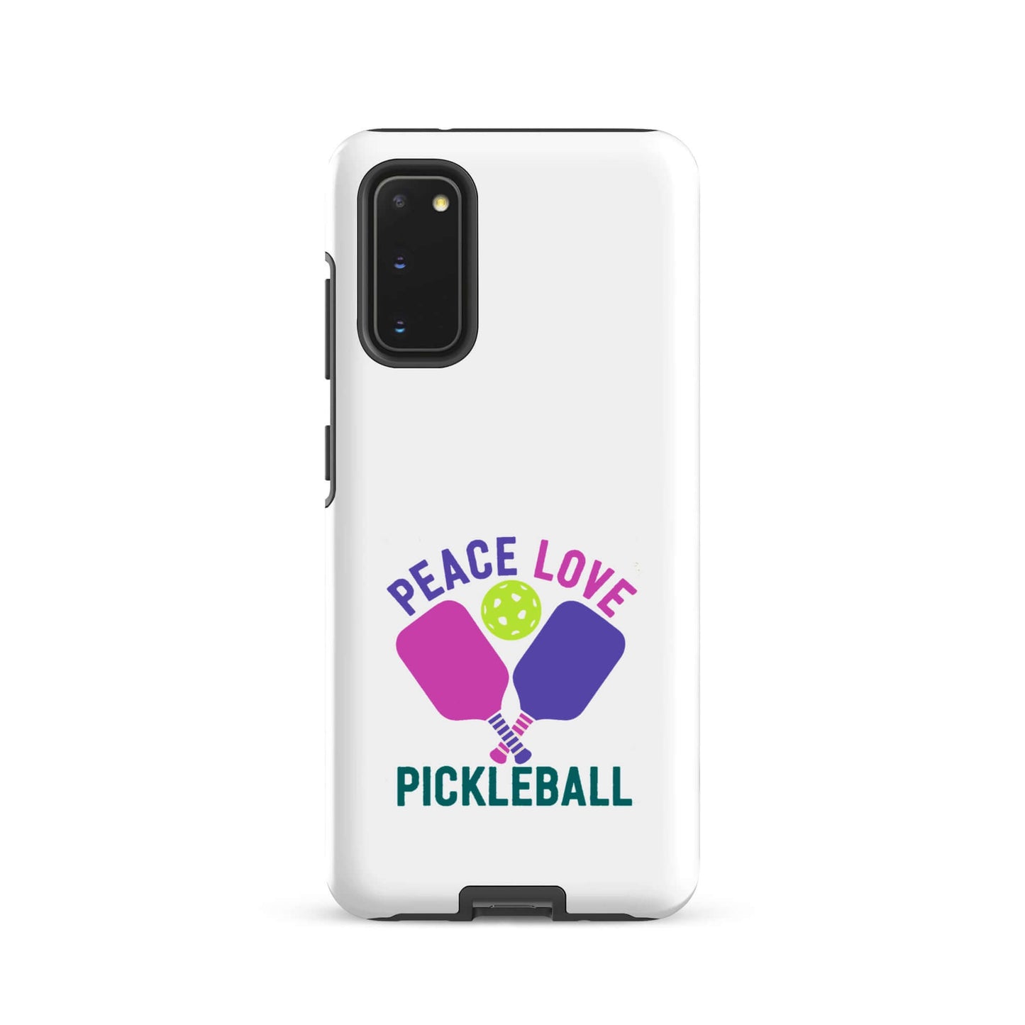 Peace Love Pickleball white tough case for Samsung Galaxy smartphone with pickleball paddles design