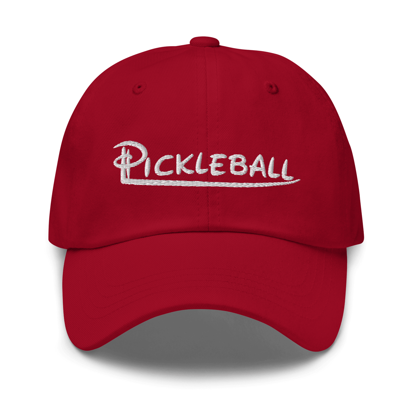 Red pickleball embroidered adjustable hat with low profile design and curved visor.