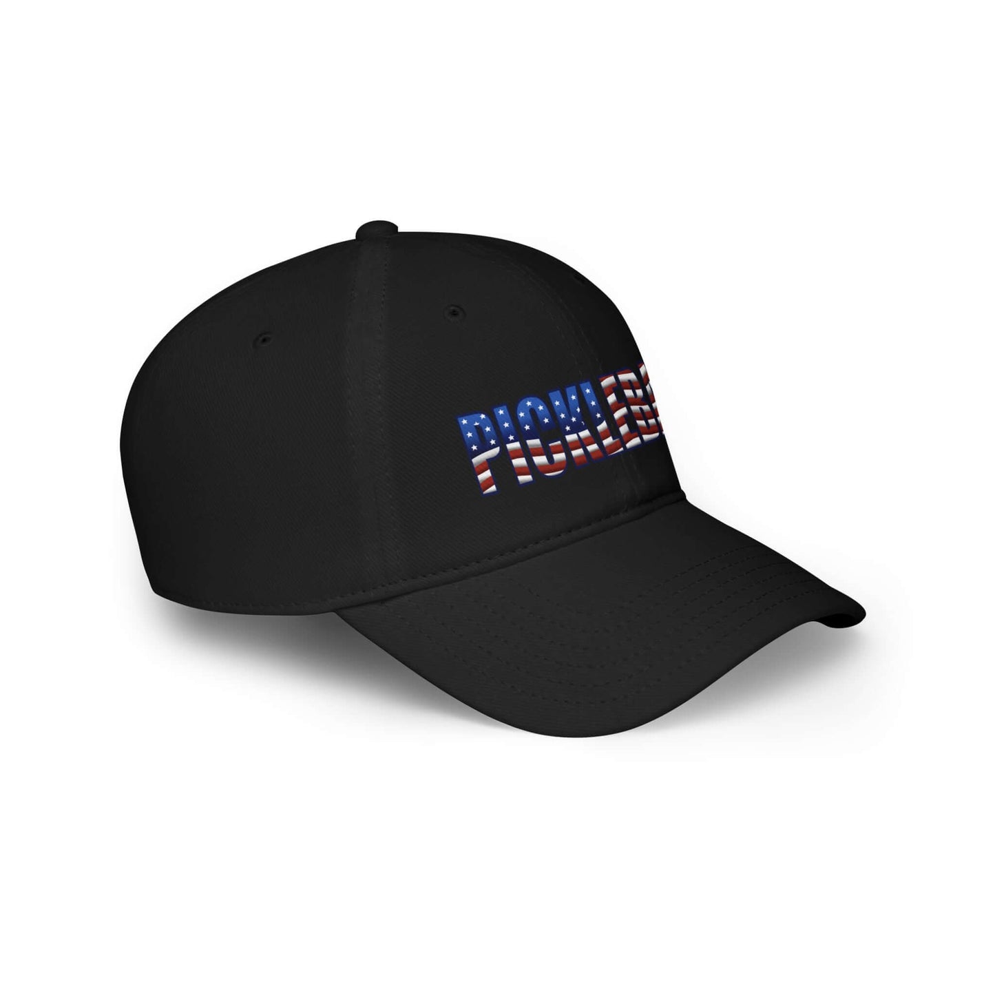 Black low profile baseball cap with American flag pickleball design on the front.