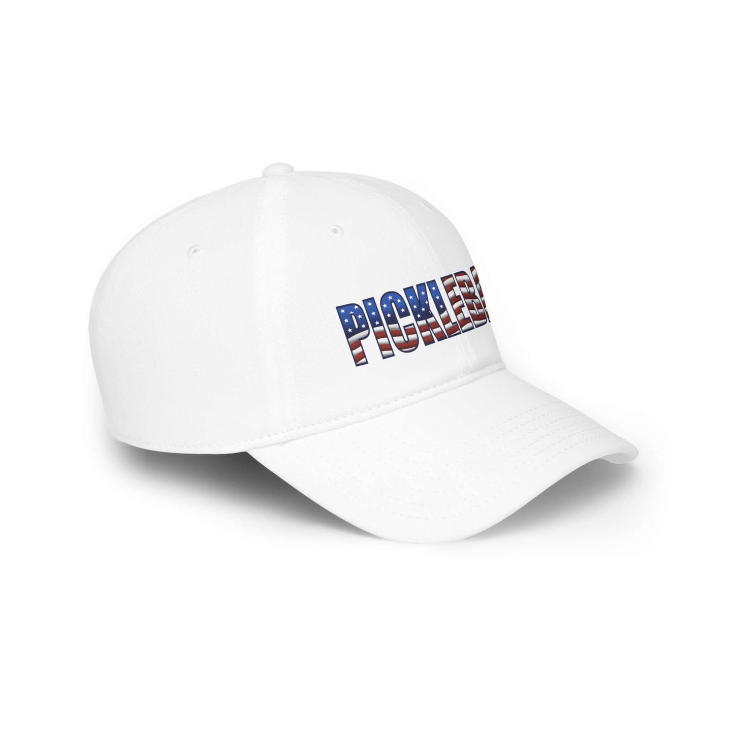 White baseball cap with "PICKLEBALL" in American flag design, part of the Pickleball American Flag Series, low profile style.