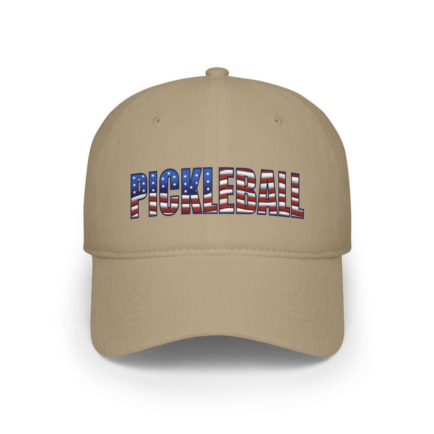 Pickleball American Flag Series low profile baseball cap with patriotic design on beige background