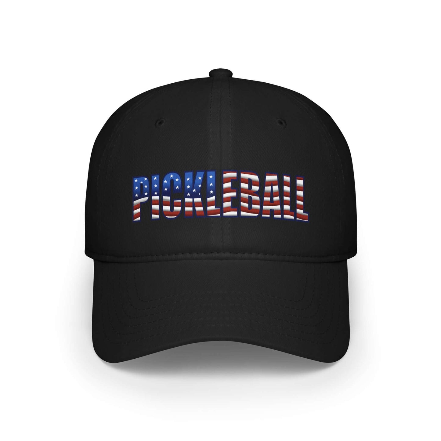 American Flag Pickleball Low Profile Baseball Cap in black, featuring sporty and patriotic design for pickleball enthusiasts.