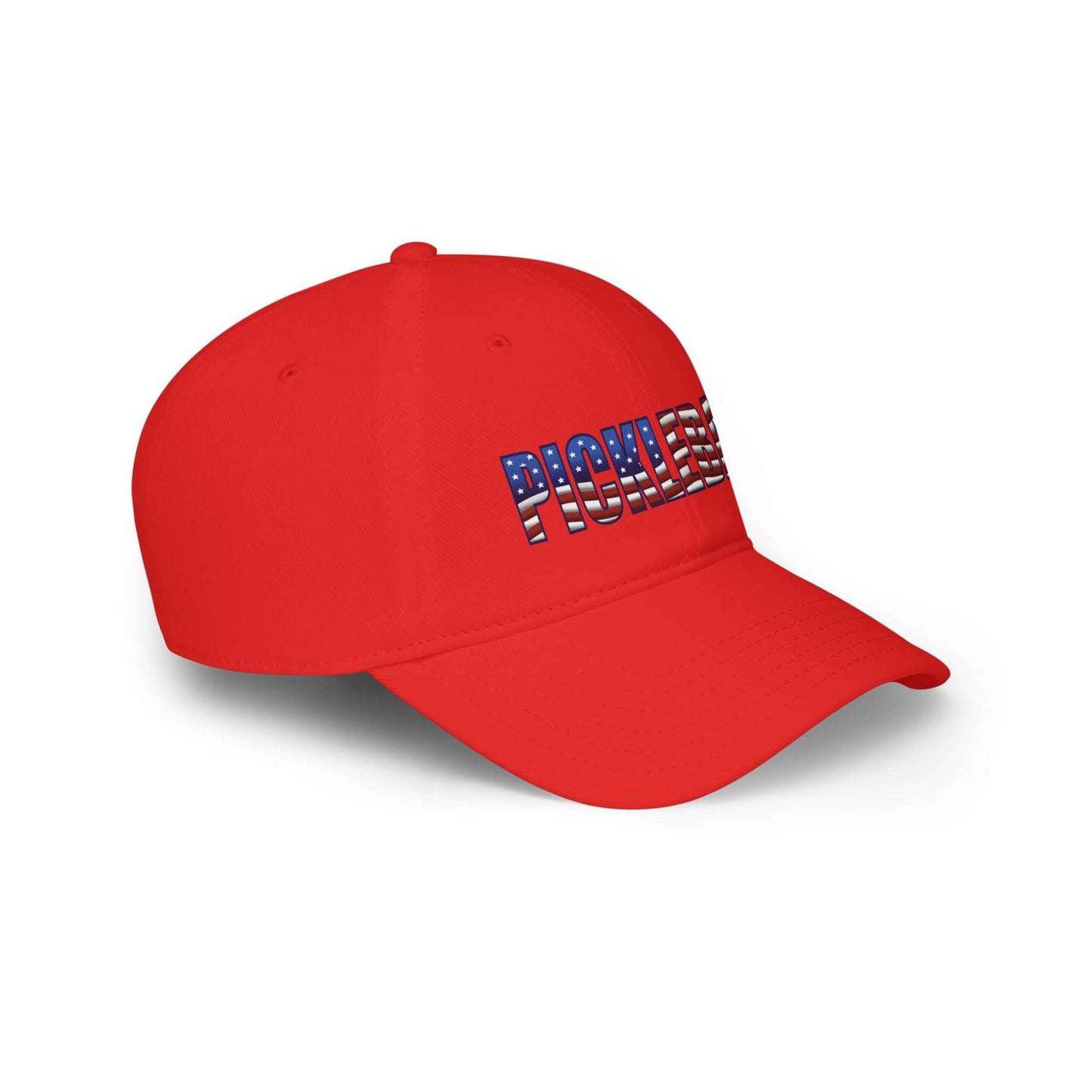 Red Low Profile Baseball Cap with Pickleball American Flag Design