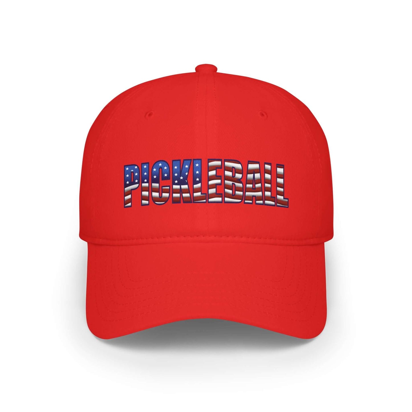 Pickleball American Flag Series red low profile baseball cap with patriotic design.