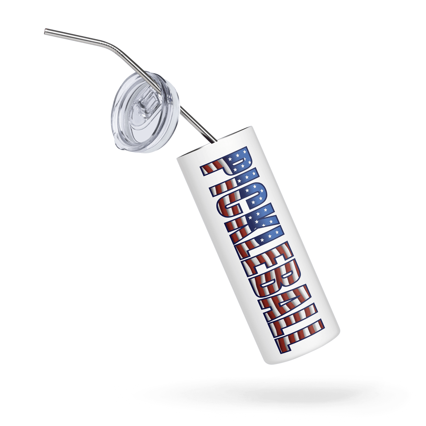 Stainless steel tumbler with American flag-themed "PICKLEBALL" design and lid, celebrating pickleball and American heritage.
