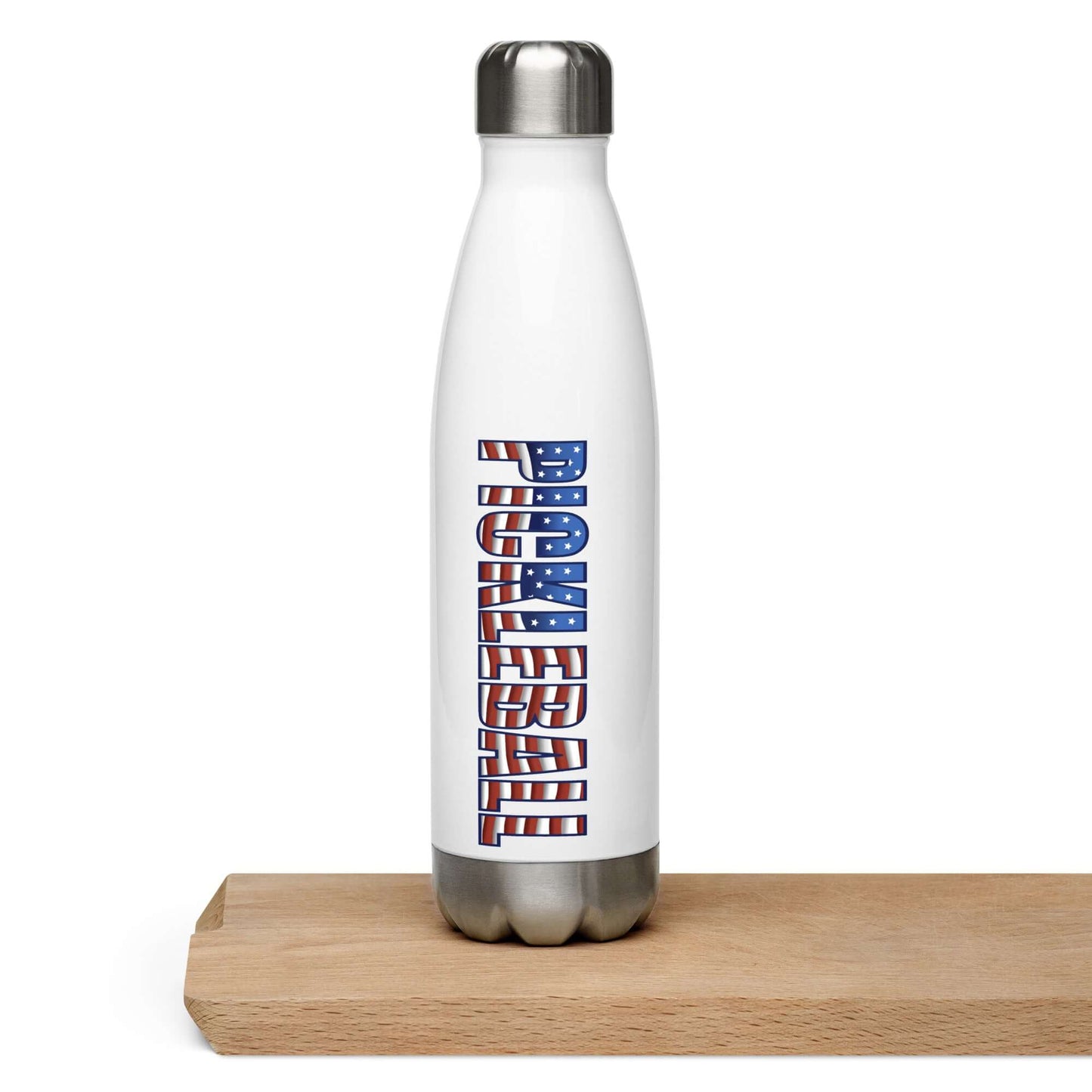 Pickleball American Flag Series stainless steel water bottle 17oz on wooden surface