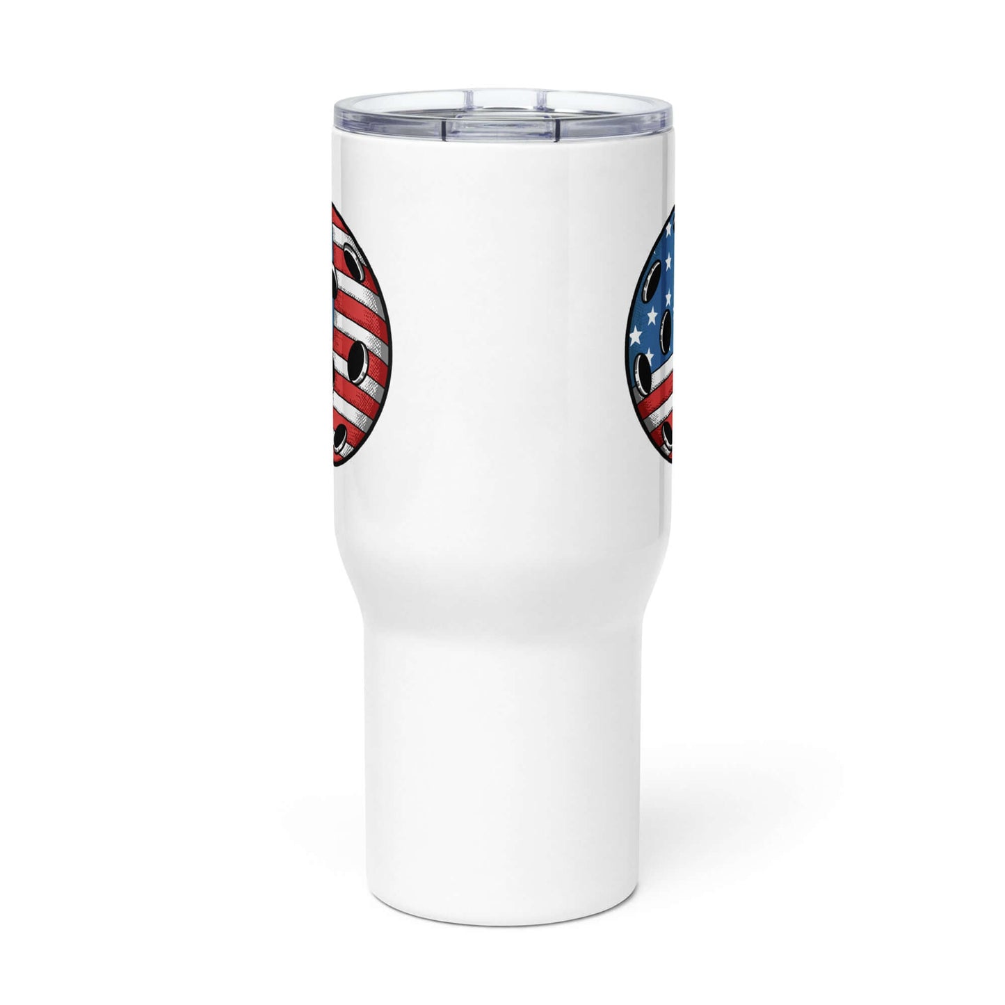 Pickleball American Flag travel mug features patriotic design with durable stainless steel construction.