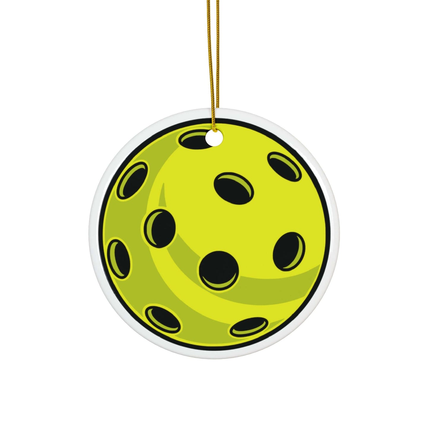 Pickleball-themed ceramic Christmas ornament with vibrant ball design and glossy finish.