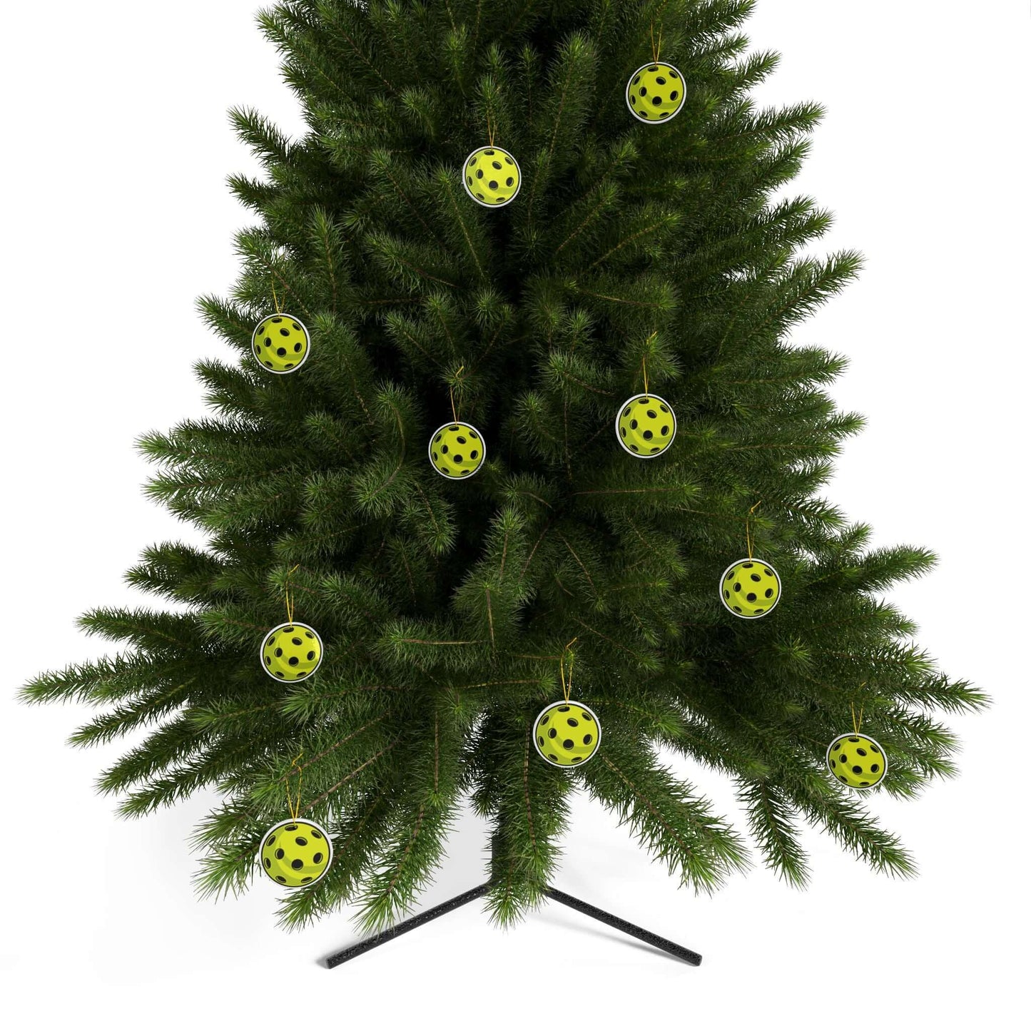 Christmas tree adorned with yellow pickleball-themed ornaments, showcasing vibrant designs for holiday pickleball enthusiasts.