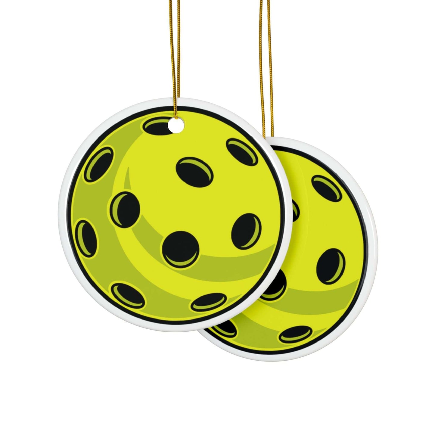 Pickleball Christmas ornaments with vibrant yellow design, perfect for adding pickleball passion to your holiday decor.