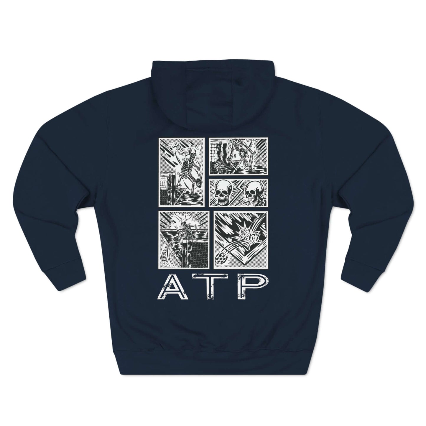 Comic ATP three-panel fleece hoodie featuring dynamic pickleball-themed graphics on the back.