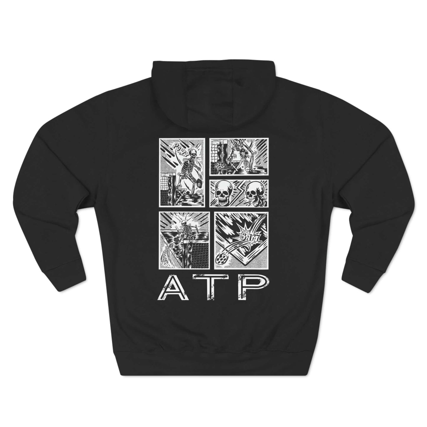 Black fleece hoodie with comic-style pickleball graphics and ATP lettering on the back, featuring a three-panel design.