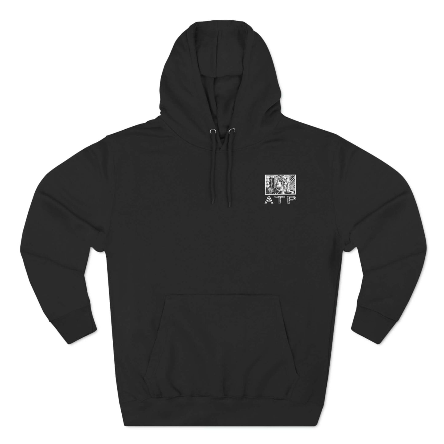 Black Pickleball Comic ATP three-panel fleece hoodie with front logo design.