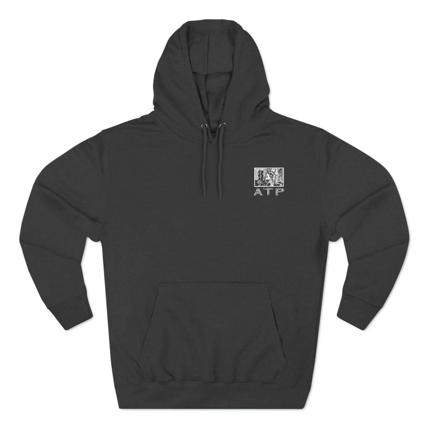 Black three-panel fleece hoodie with ATP comic print design for pickleball enthusiasts