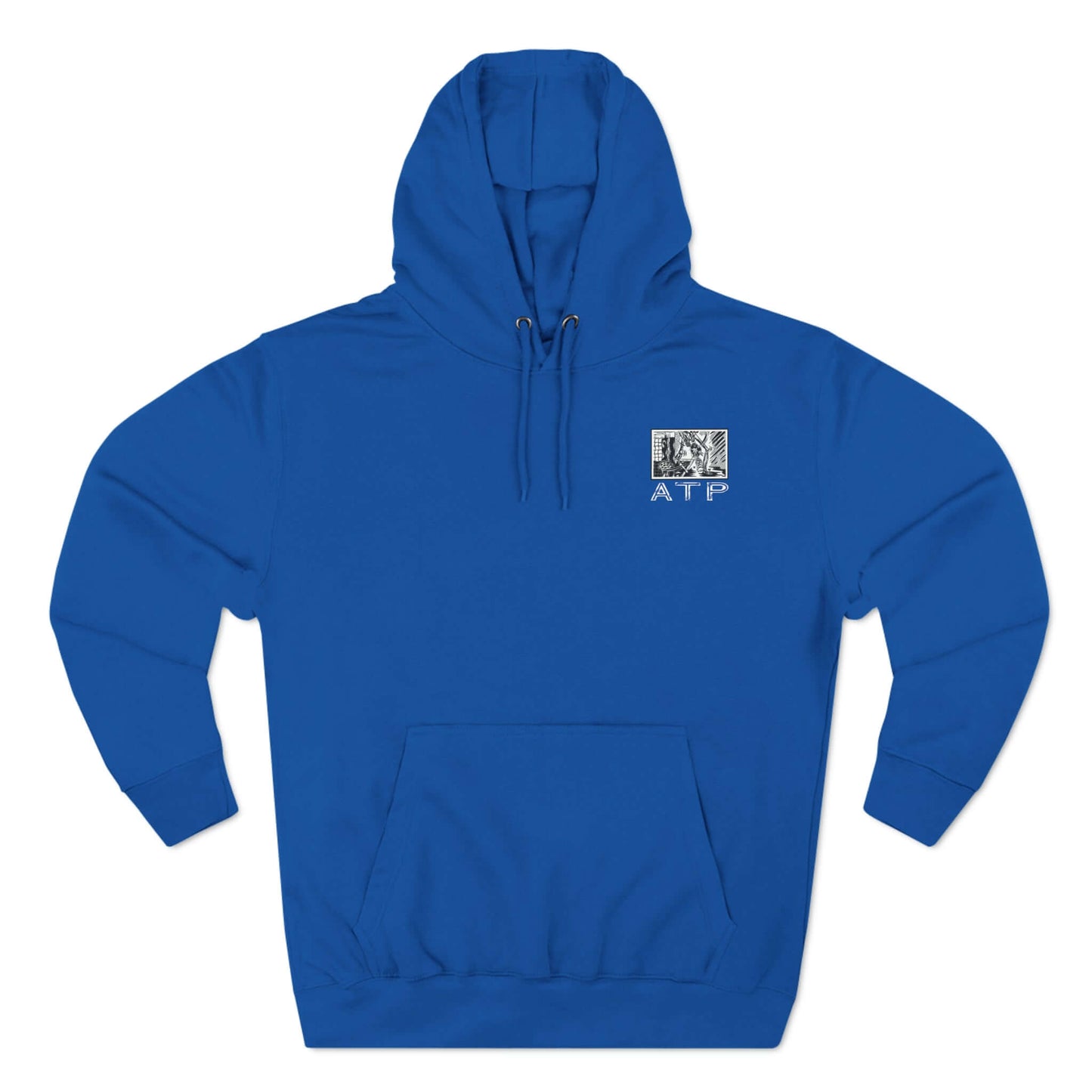 Blue Pickleball Comic ATP fleece hoodie with three-panel design and kangaroo pocket for sports enthusiasts.