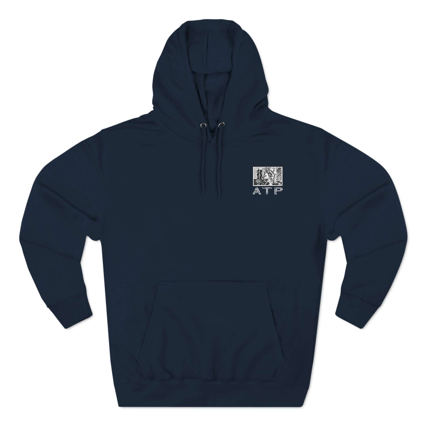 Comic ATP three-panel fleece hoodie for pickleball players, navy color with front pocket and hood, perfect for chilly game days.