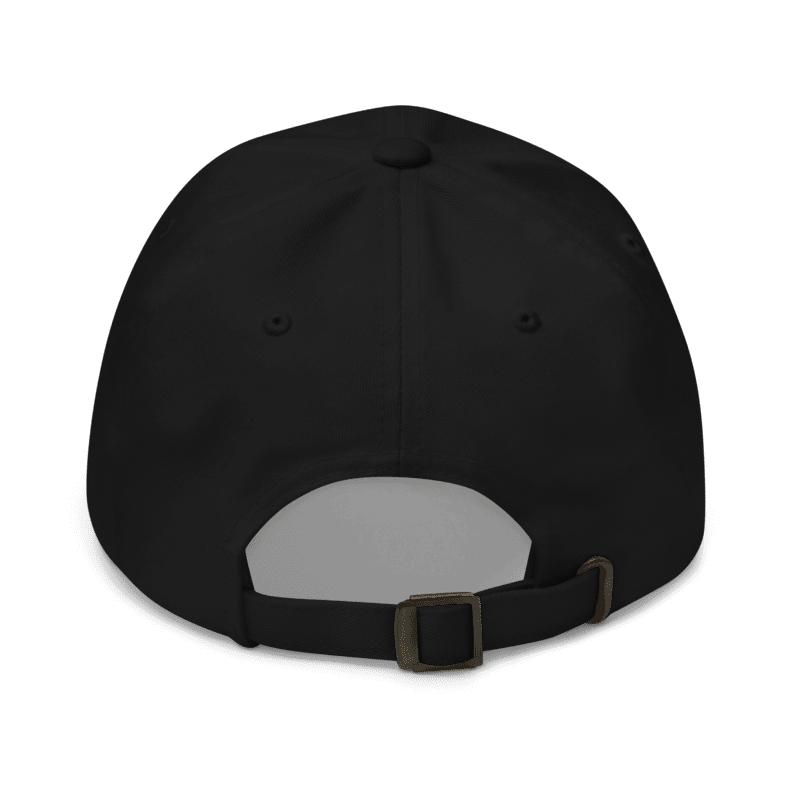 Back view of black adjustable pickleball hat with buckle strap fastening.