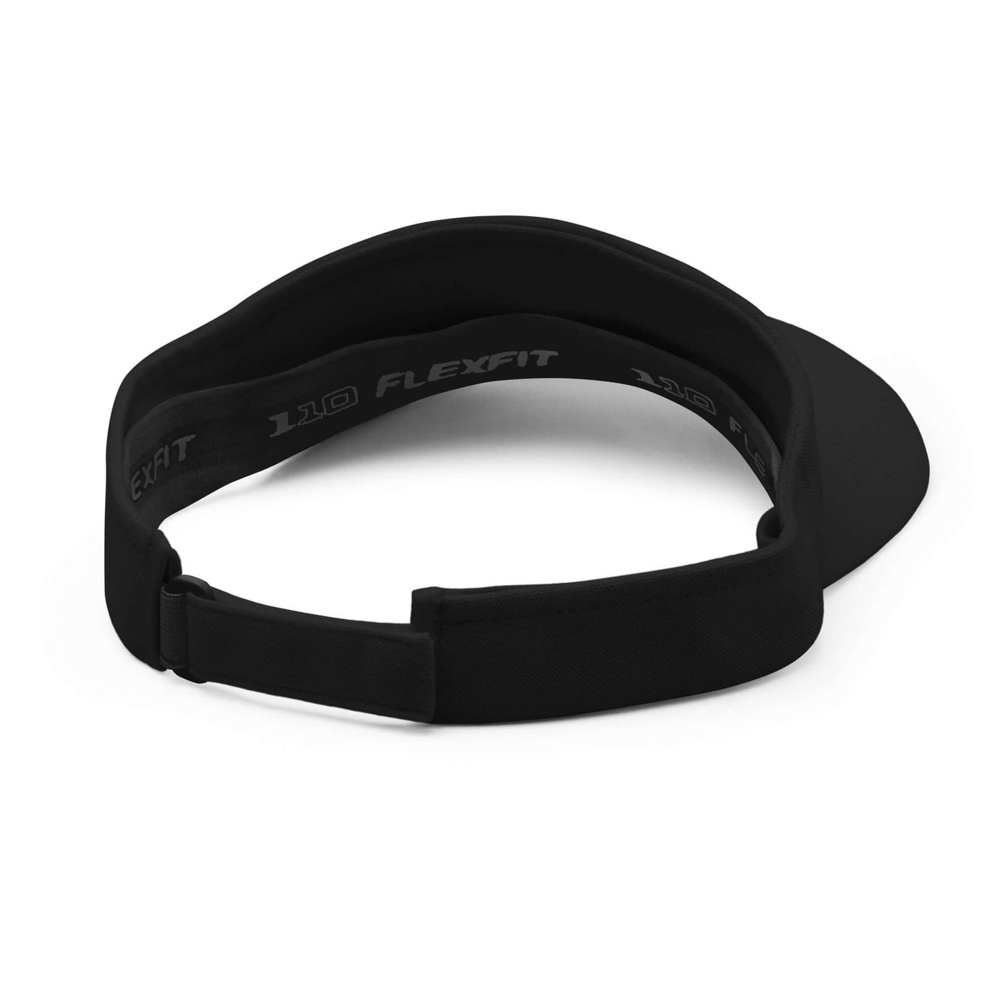 Black adjustable pickleball visor with embroidered logo, featuring a Flexfit band for comfort and durability.