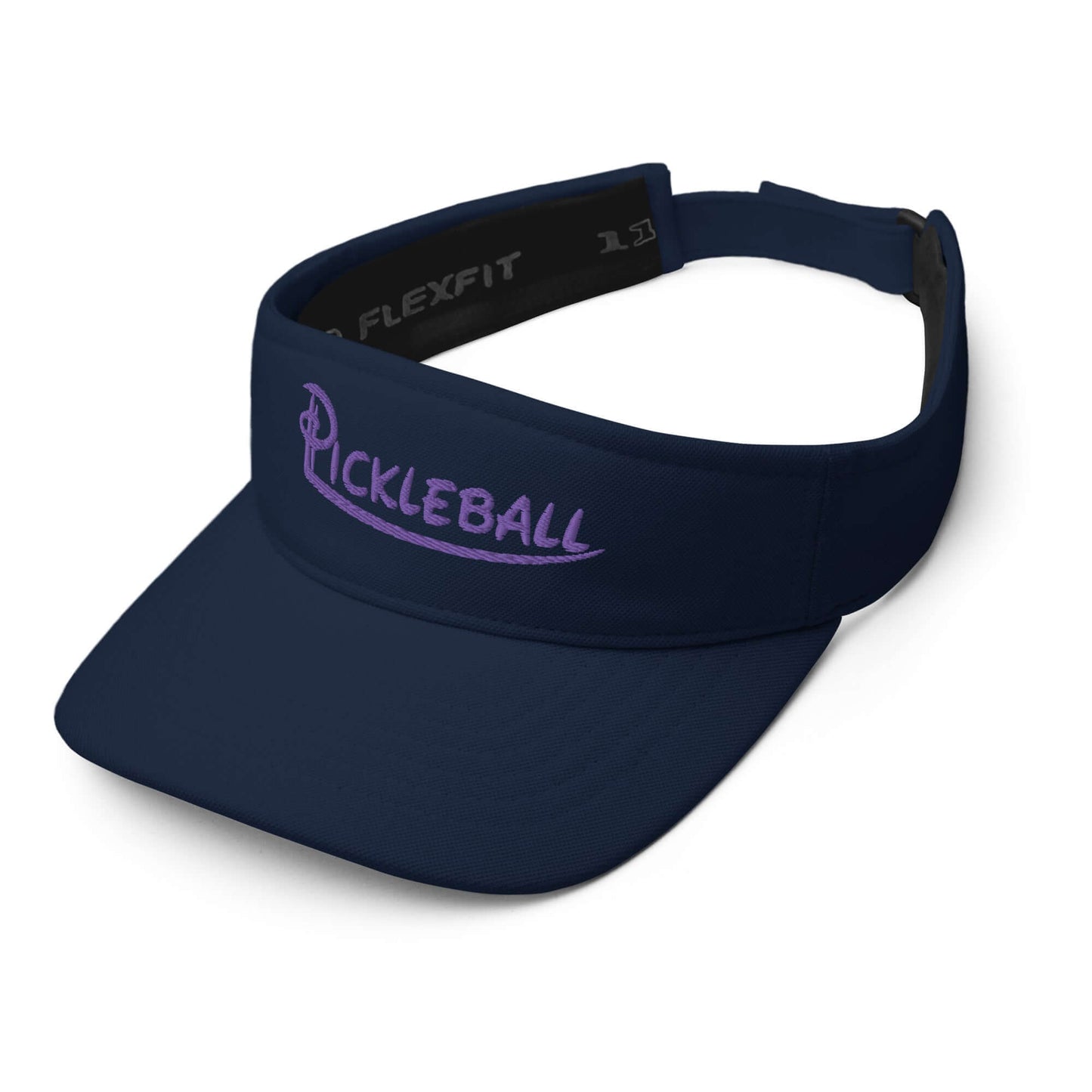 Navy blue adjustable pickleball visor with purple embroidery, featuring a sleek low-profile design for style and performance.