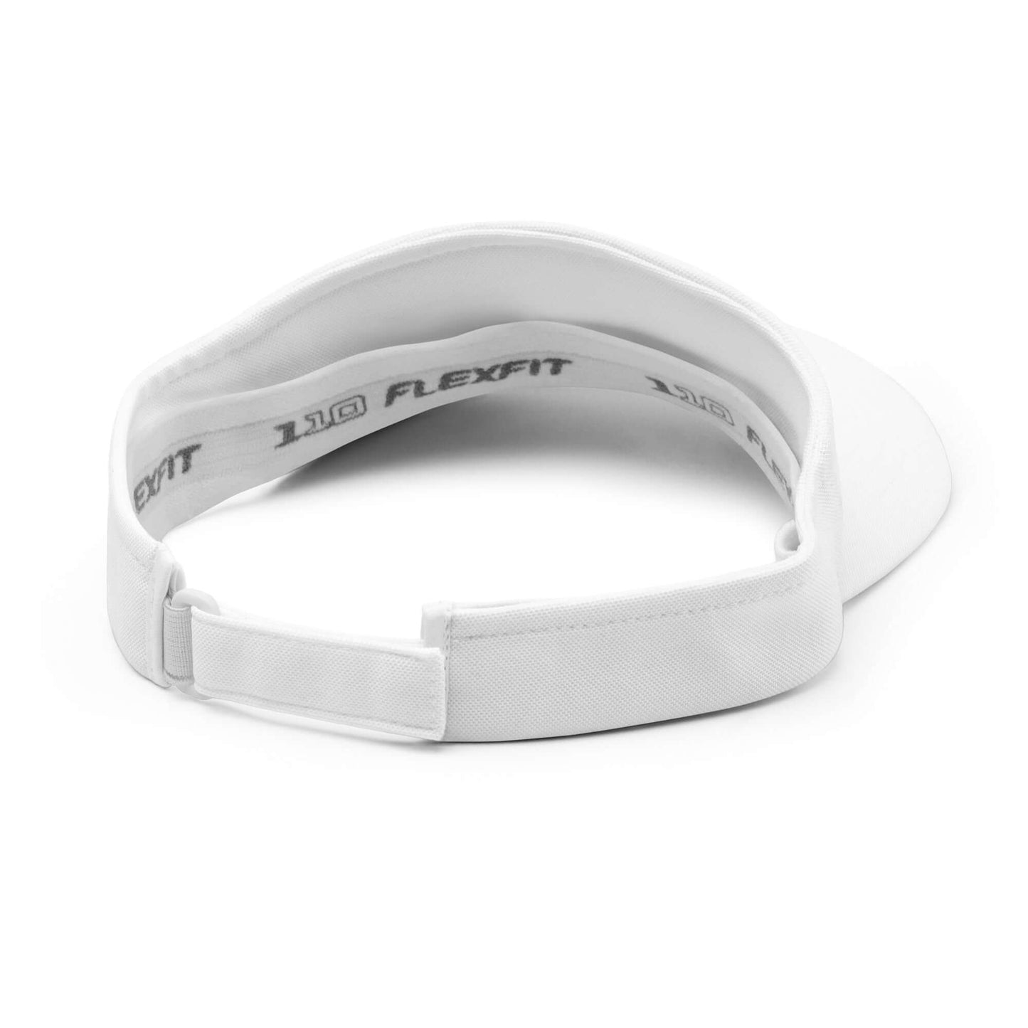 Back view of white pickleball embroidered adjustable visor with Flexfit branding, showcasing adjustable strap and sleek design.