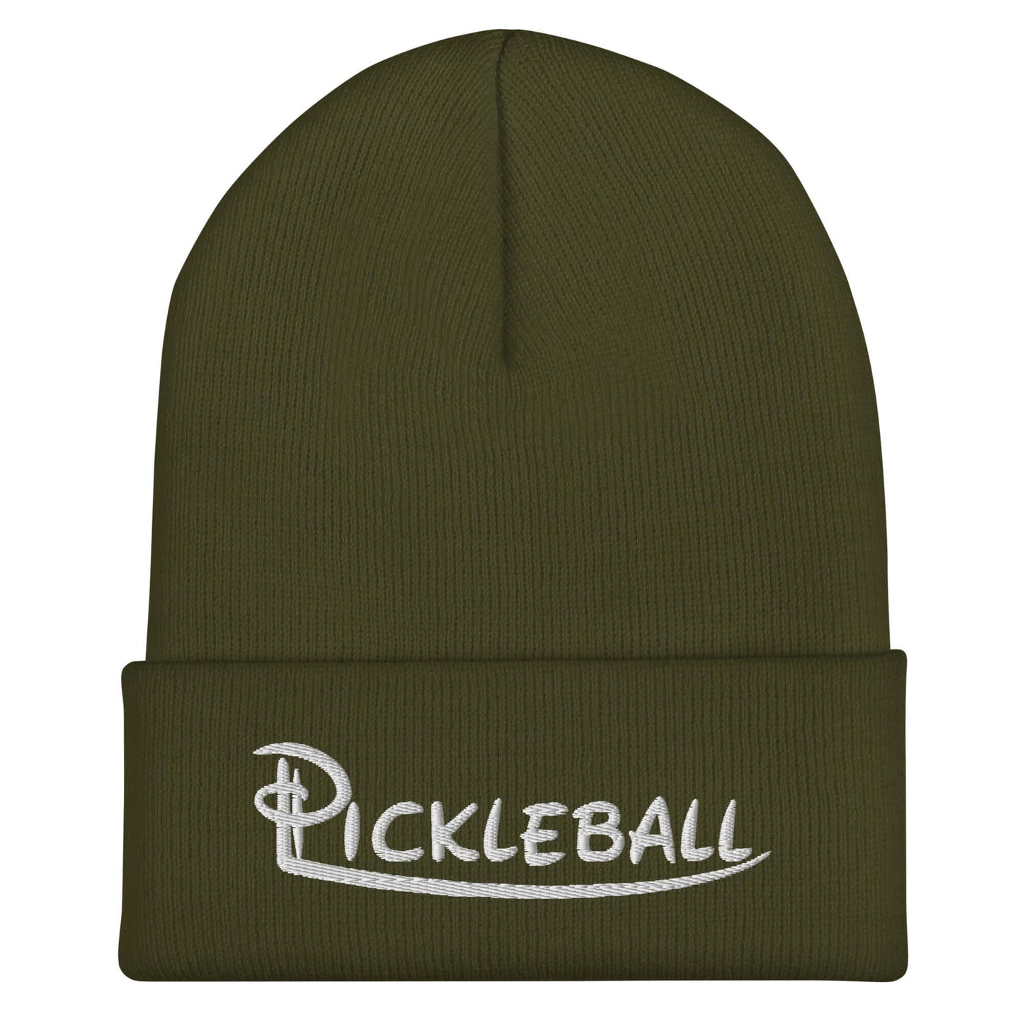 Olive green beanie with embroidered "Pickleball" text, stylish cuffed design ideal for pickleball enthusiasts.
