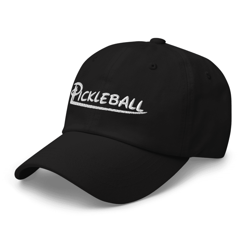 Black pickleball hat with embroidered logo, low profile and adjustable strap, perfect for stylish court play.