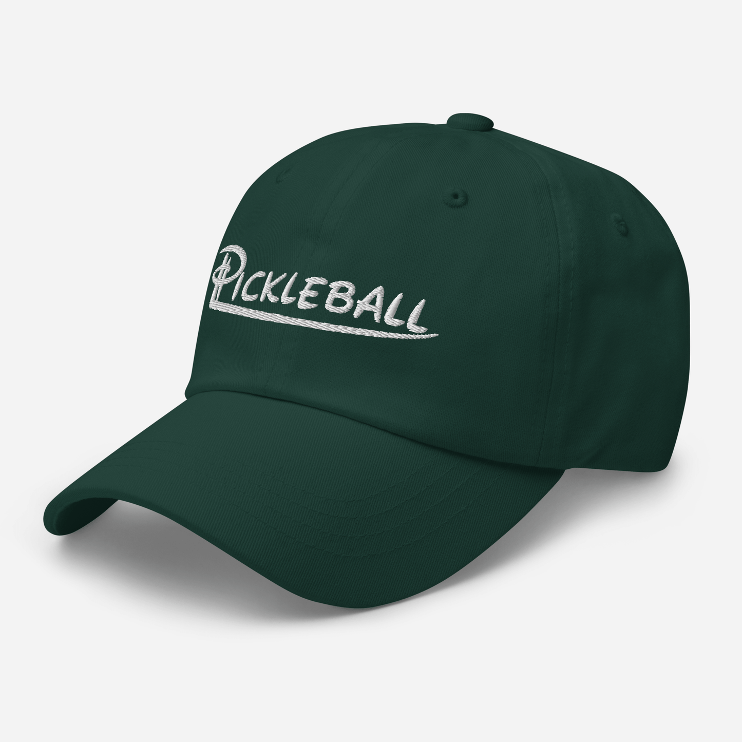 Green camo pickleball hat with embroidered logo and adjustable strap for a custom fit