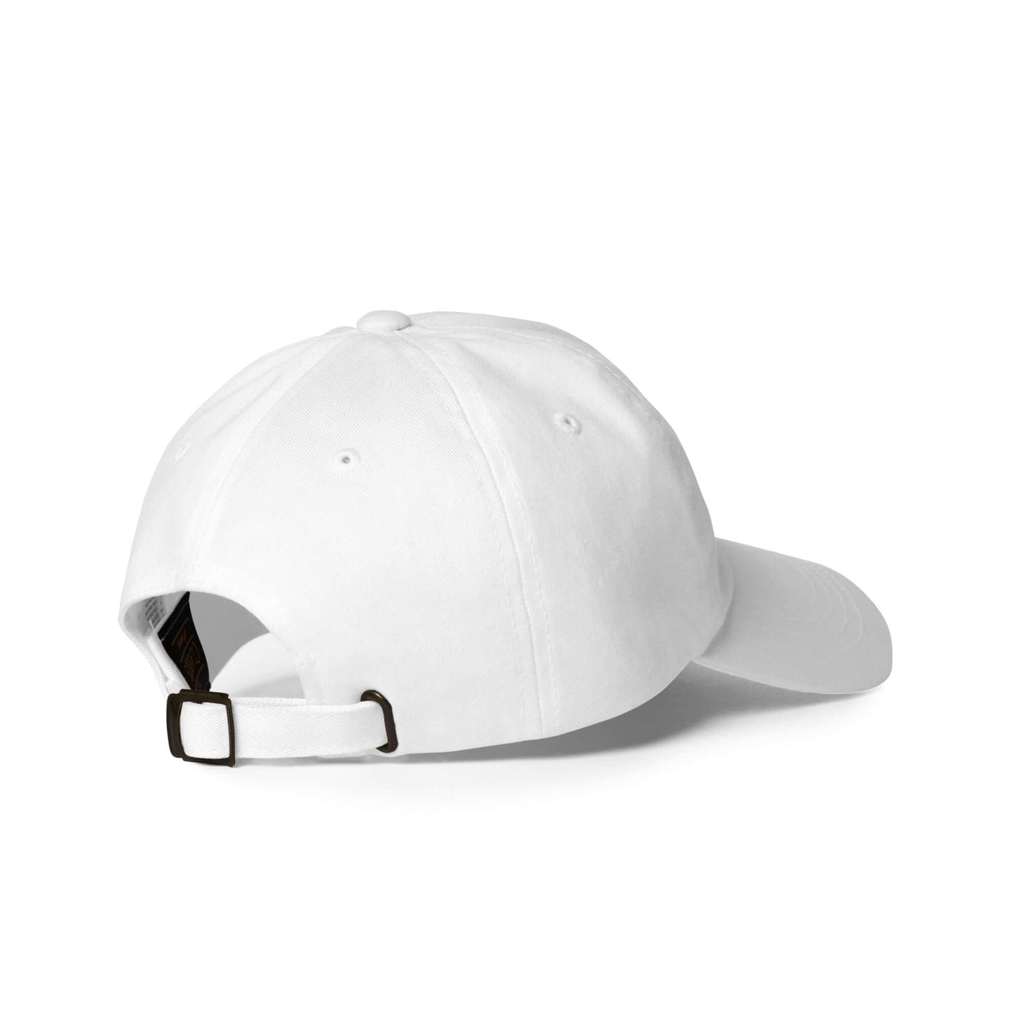 Adjustable white low profile pickleball hat with strap and curved visor, back view.