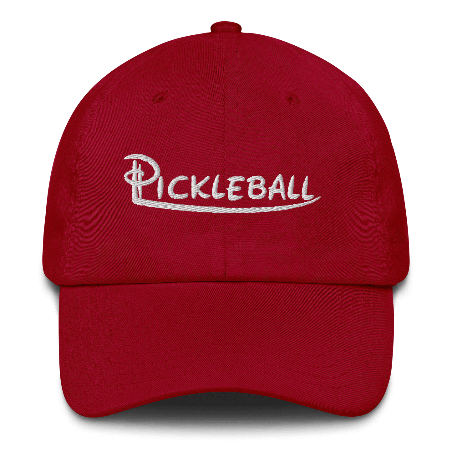 Red low profile pickleball hat with "Pickleball" embroidered in white on the front.
