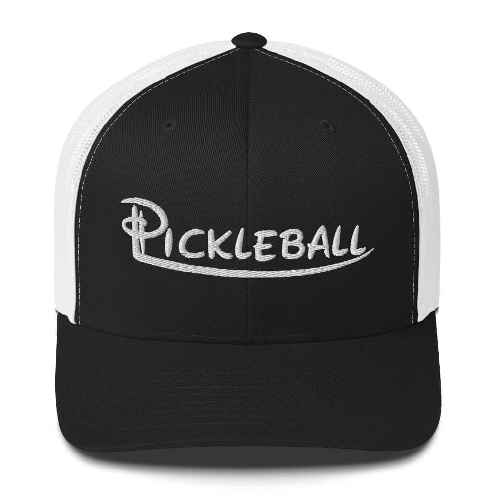 Black and white pickleball embroidered trucker cap with mid-profile design.