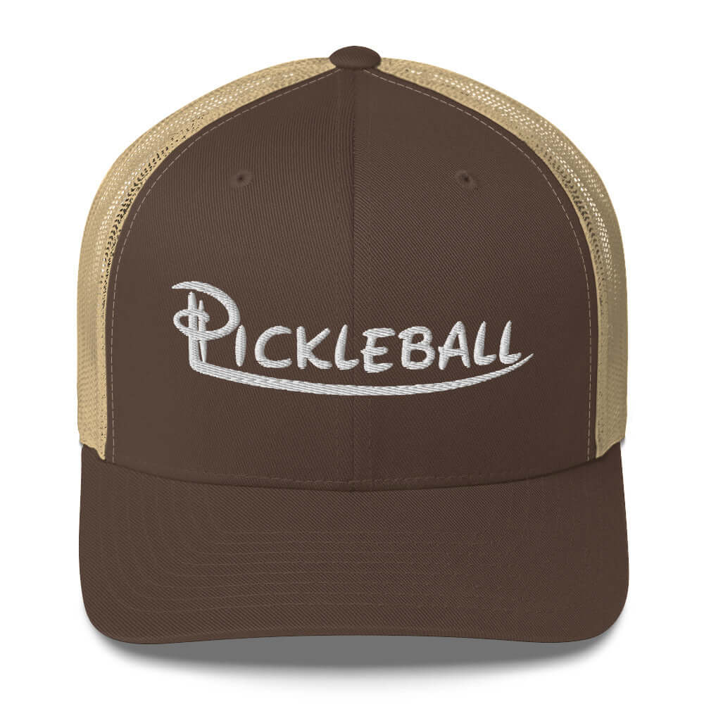 Pickleball embroidered trucker cap in brown with beige mesh for stylish on-court wear.
