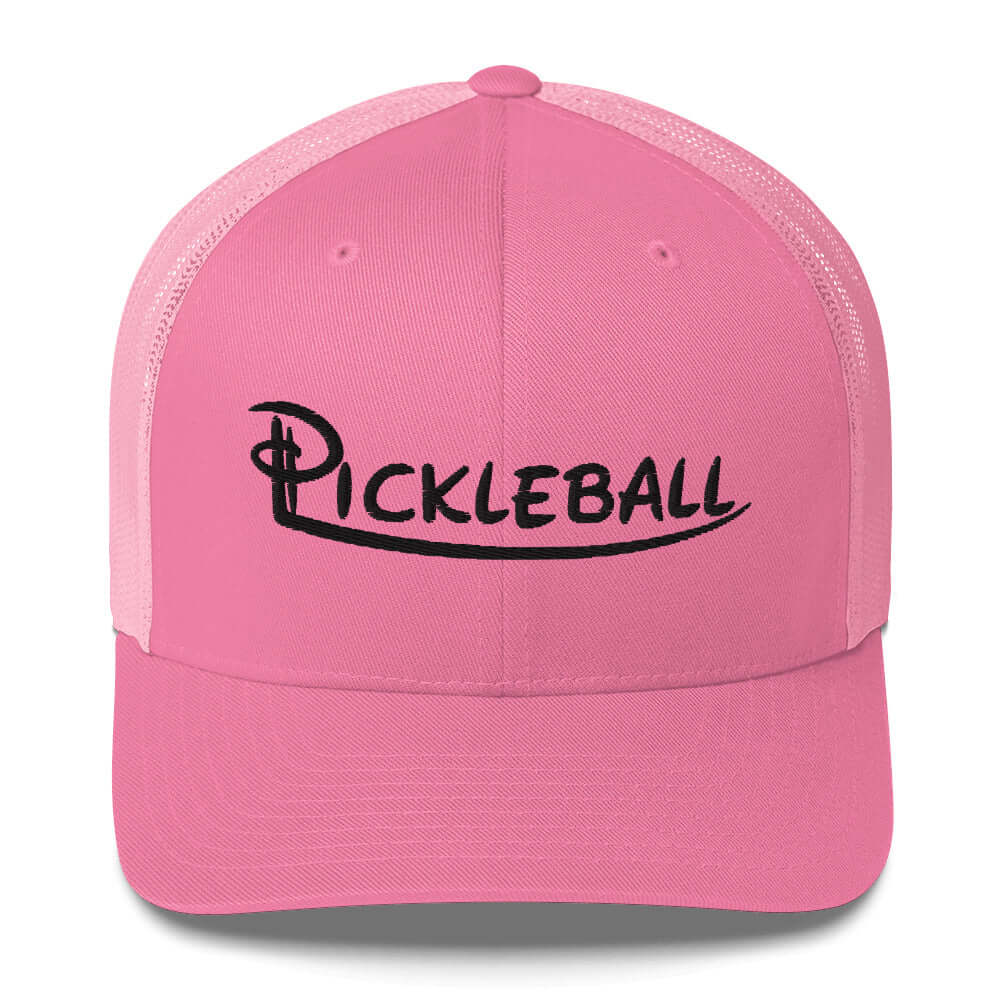 Pink Pickleball embroidered trucker cap with breathable mesh, perfect for pickleball enthusiasts seeking style and comfort.