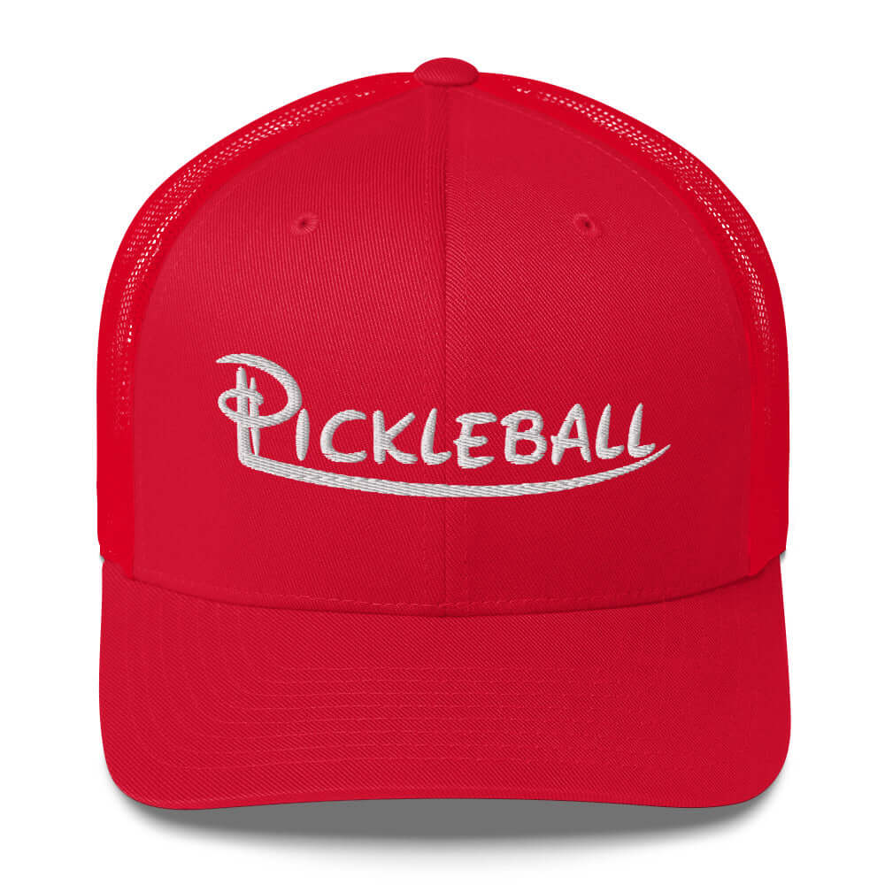 Red Pickleball embroidered trucker cap showcasing stylish sports headgear.