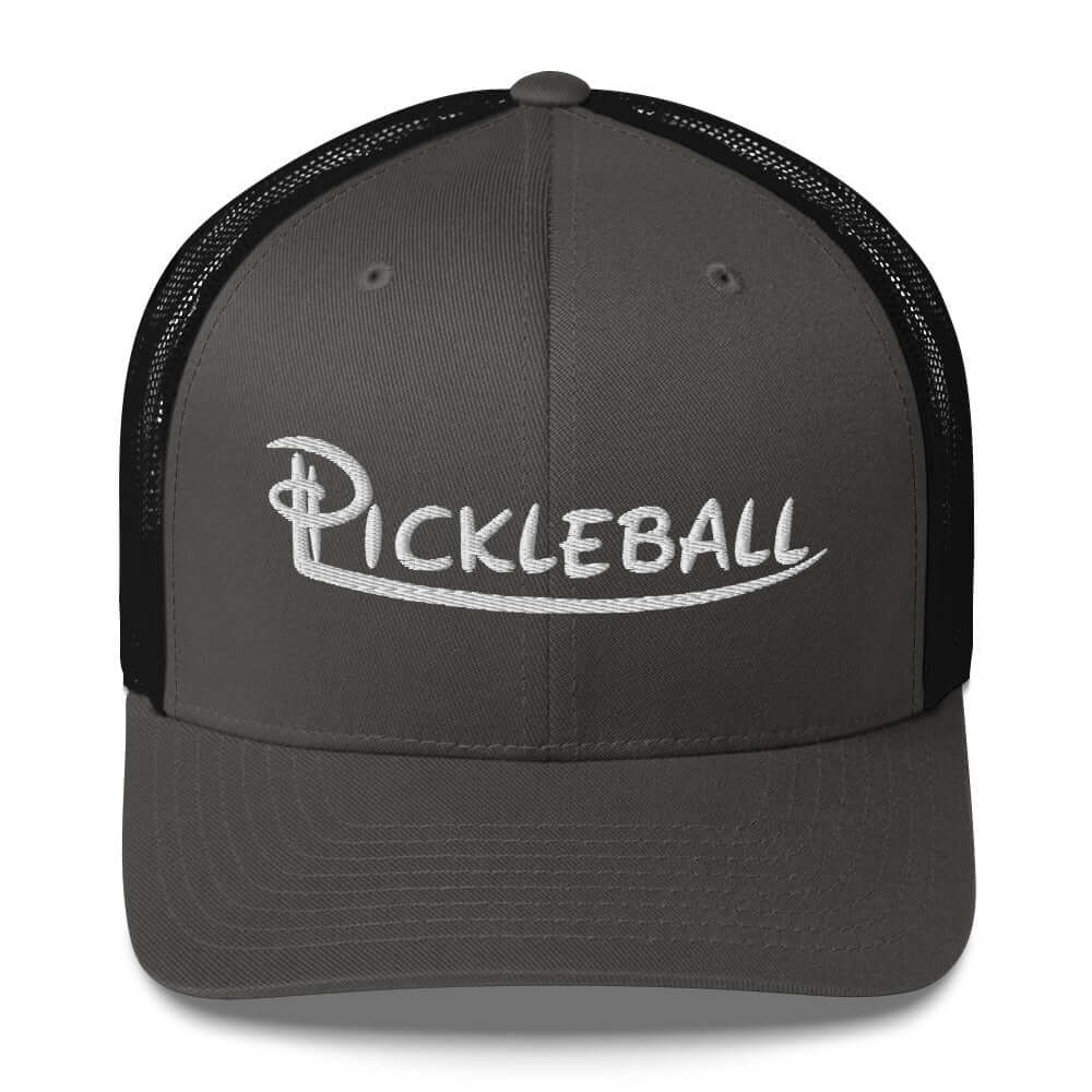 Pickleball embroidered trucker cap in gray and black with stylish design for on and off the court