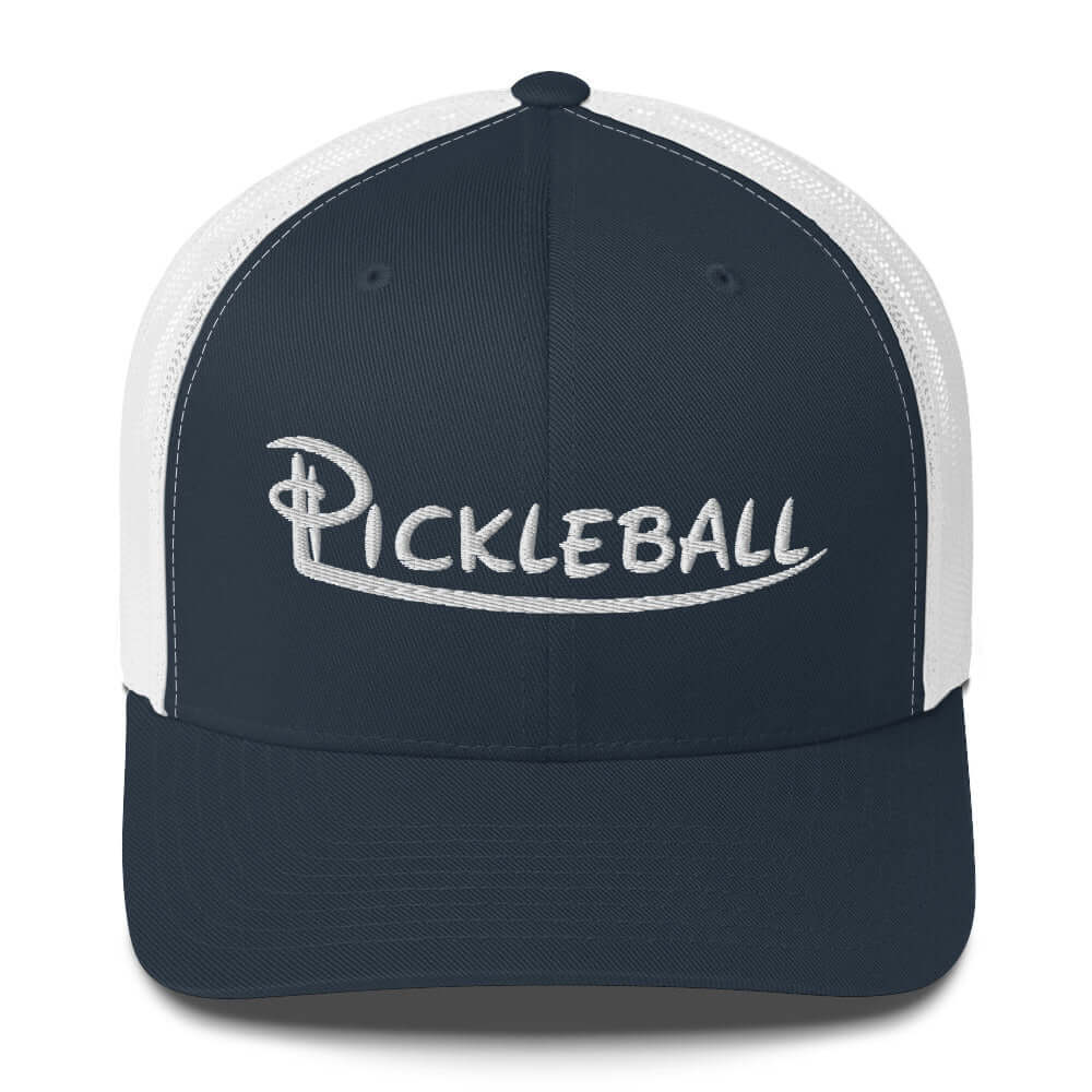 Pickleball embroidered trucker cap in black and white, featuring stylish design for pickleball enthusiasts.