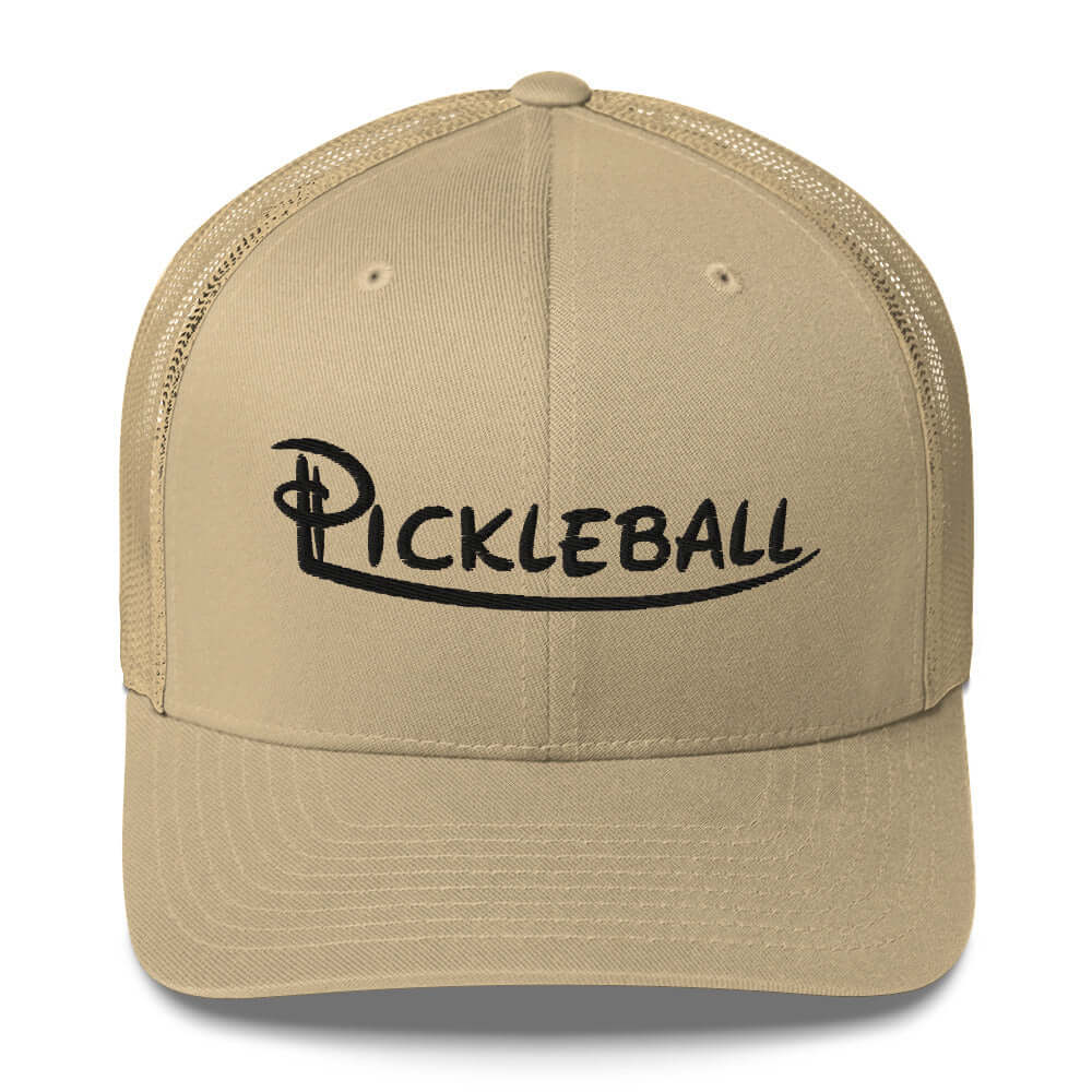 Pickleball embroidered trucker cap in beige, showcasing stylish design and comfort ideal for pickleball enthusiasts.