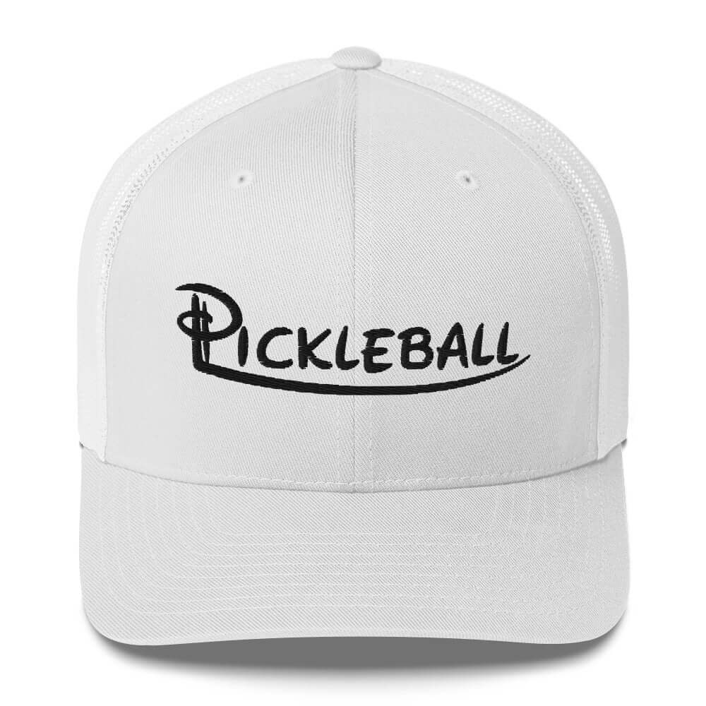 White pickleball embroidered trucker cap with black lettering, ideal for stylish sun protection on and off the court.