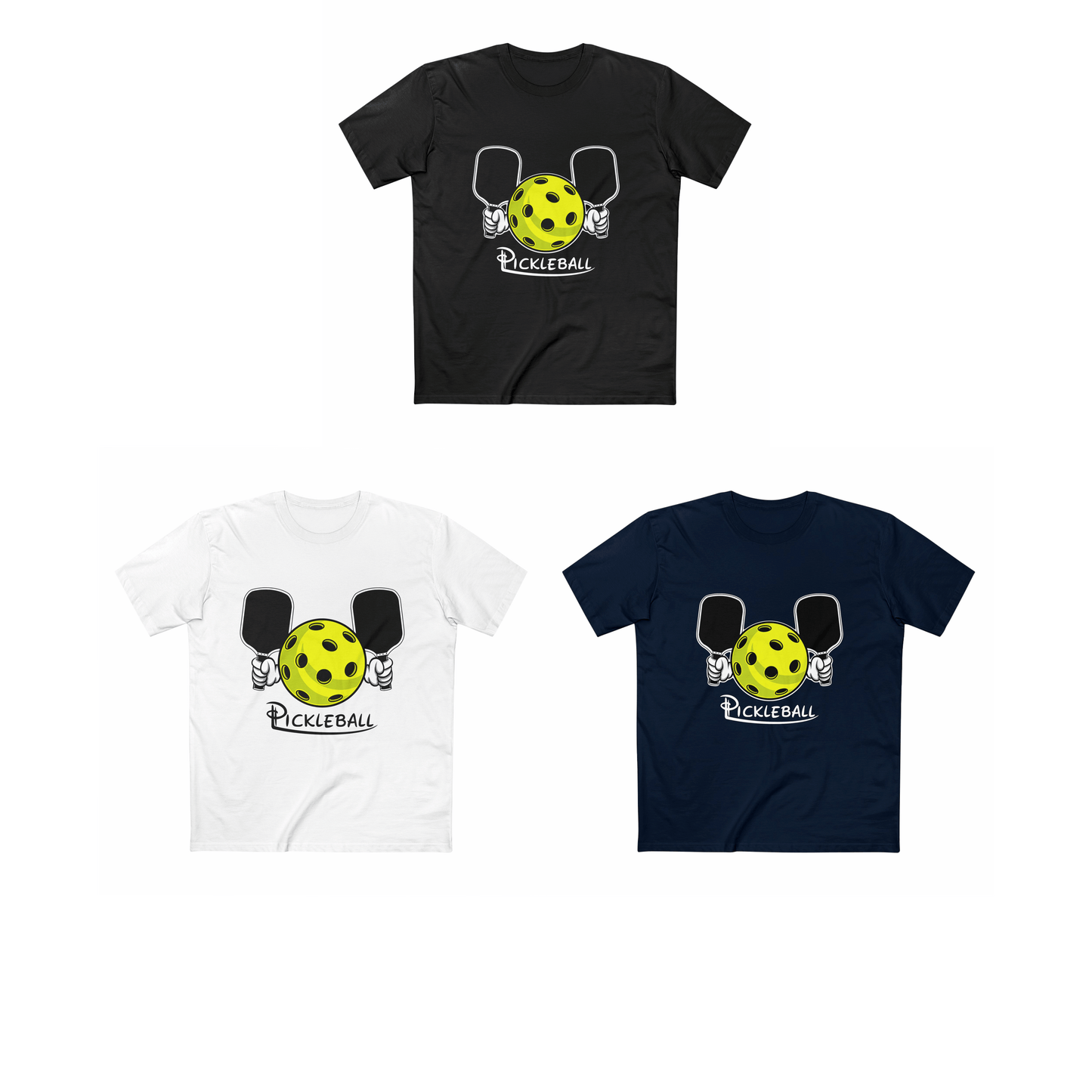 HarmonyGrip FO Pickleball Series T-Shirt in black, white, and navy with a pickleball and paddle design, perfect for enthusiasts.