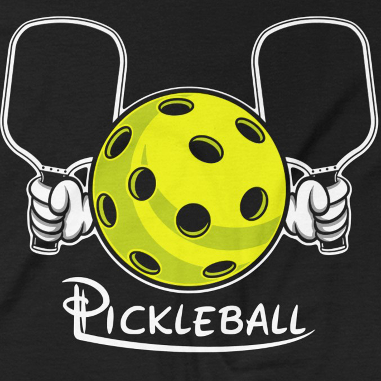 Graphic of a yellow pickleball held by cartoon hands with paddles, featuring the word "Pickleball" in stylish font.