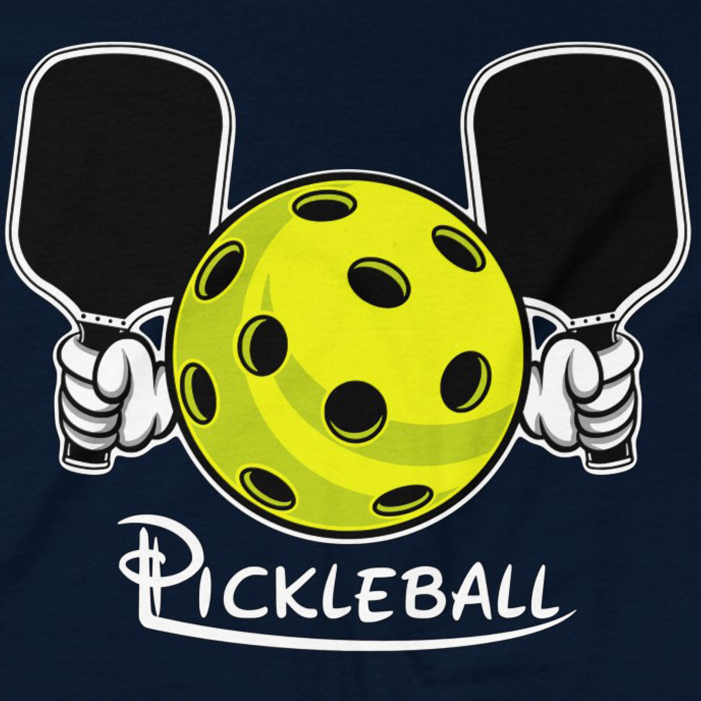 Cartoon pickleball with paddles graphic on a navy background with "Pickleball" text.