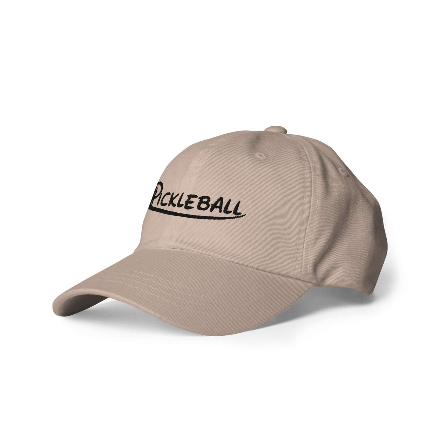 Low profile beige pickleball hat with embroidered logo and adjustable strap.