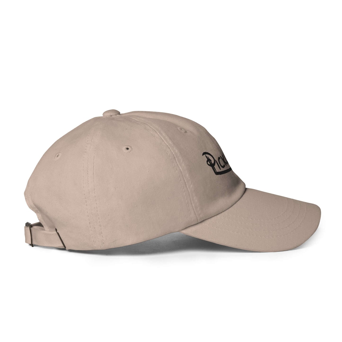 Tan low profile pickleball hat with adjustable strap and embroidered logo, side view.
