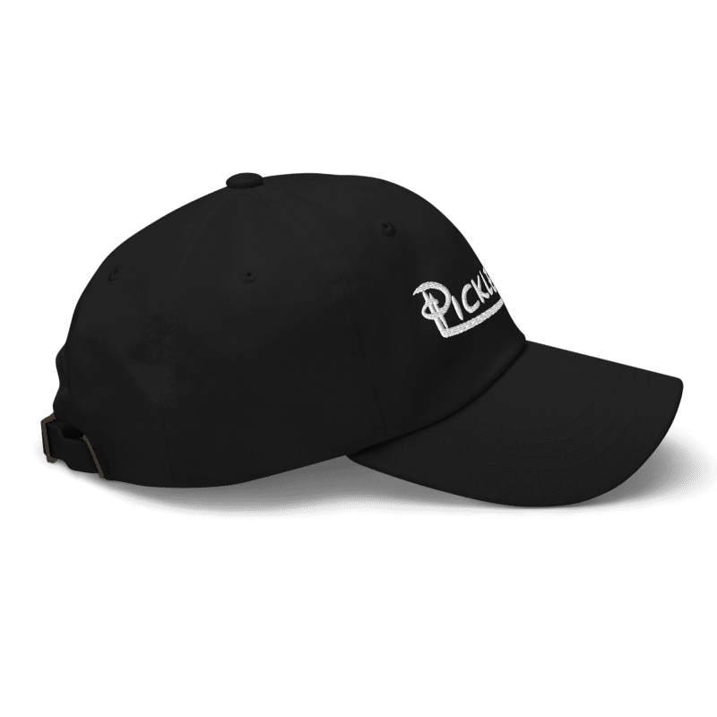 Black low profile pickleball hat with embroidery and adjustable strap, side view
