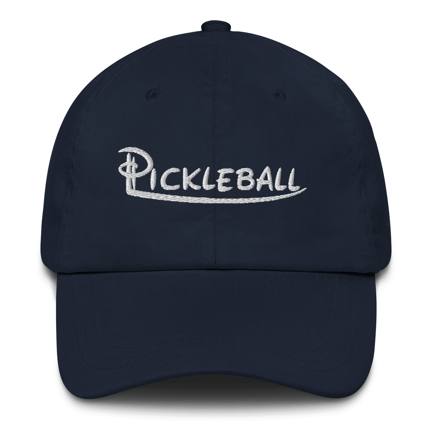 "Navy blue low profile pickleball hat with embroidered logo and adjustable strap."