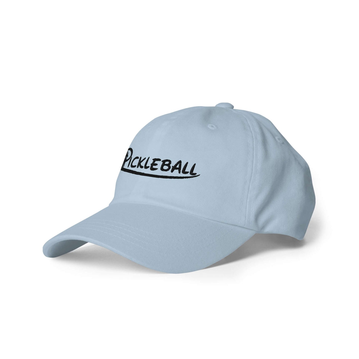 Light blue pickleball embroidered low profile hat with curved visor and adjustable strap for a custom fit.