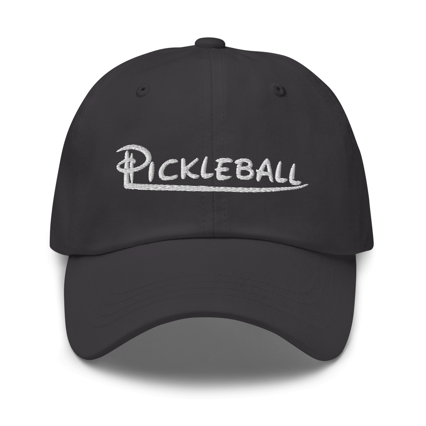 Black pickleball embroidered adjustable hat with low profile design and curved visor