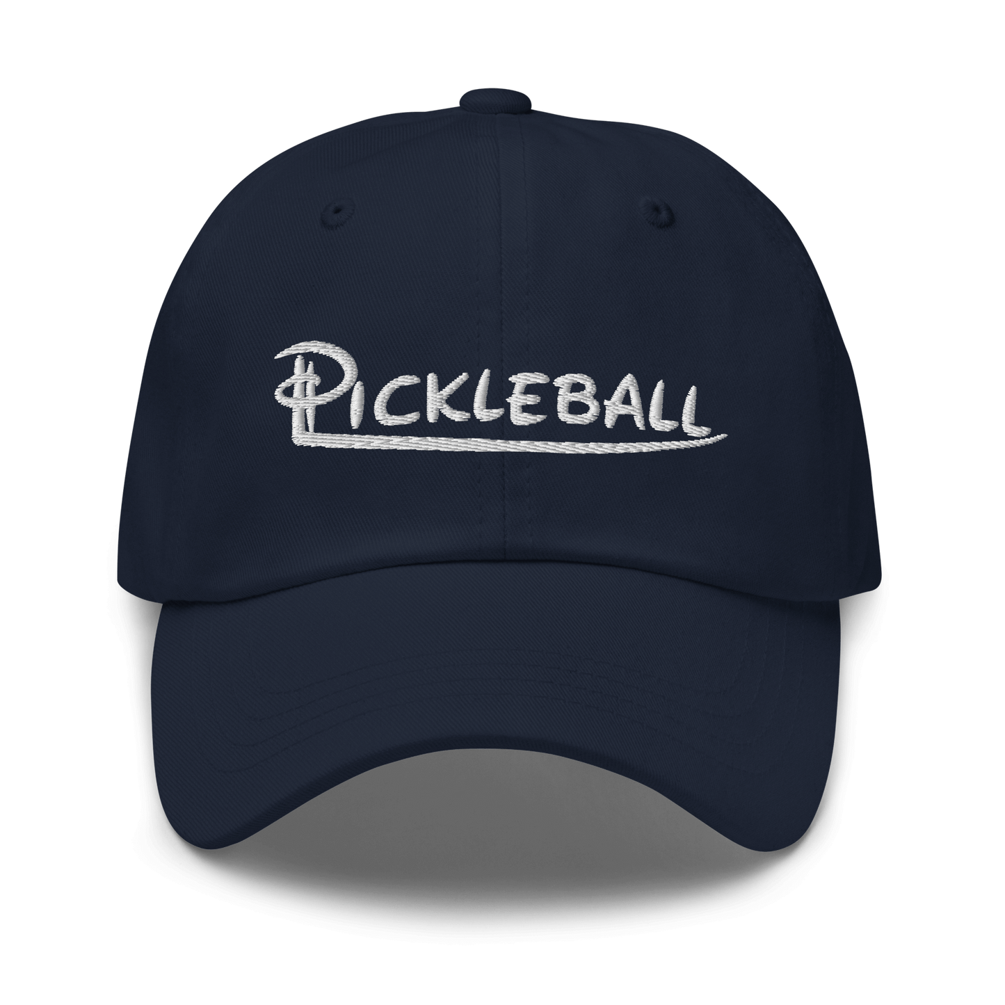 Navy blue pickleball embroidered adjustable hat with low profile design and curved visor.