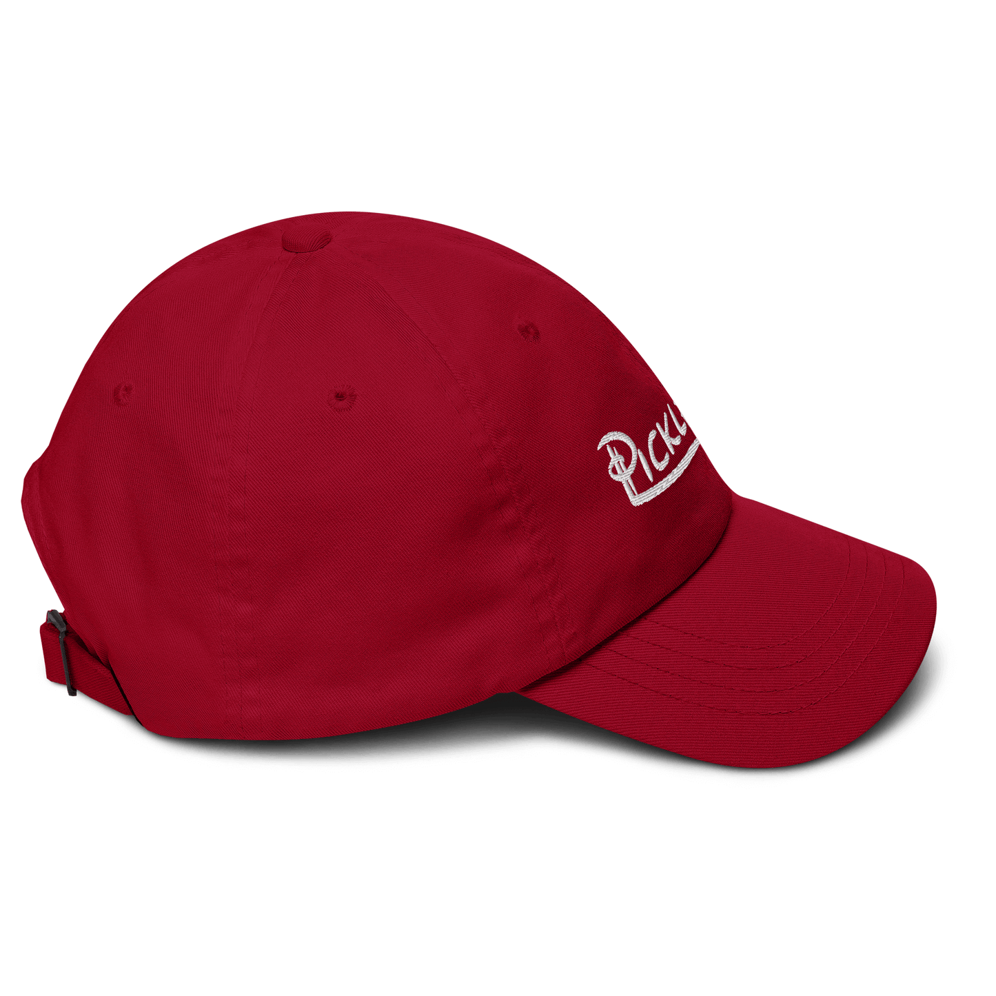 Red low profile pickleball hat with adjustable strap and embroidered logo.