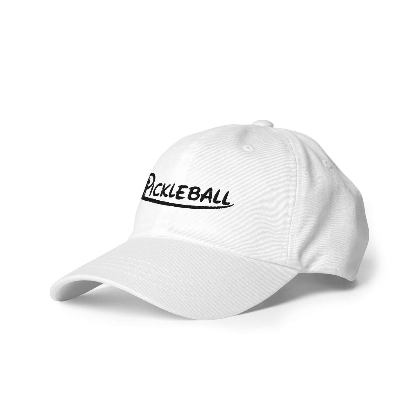 Low profile white pickleball hat with embroidered text and adjustable strap, featuring a sleek curved visor for style and comfort.