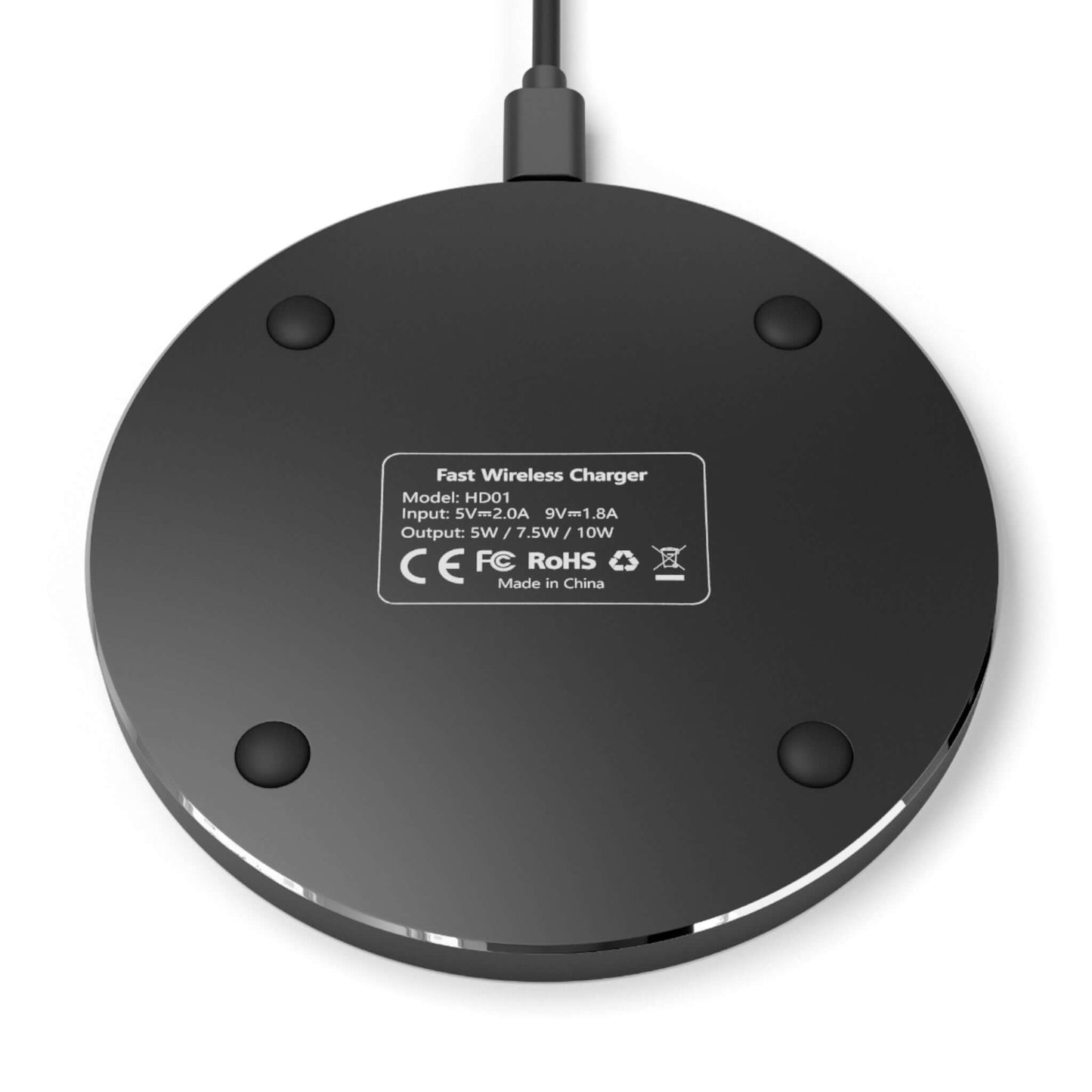 Black No Mercy Pickleball Series wireless charger with specifications label, showcasing sleek design and wireless charging capability.